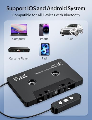 Elook Cassette to Bluetooth Adapter for Car with Micro SD Card Support/Hands-Free Call, 5.1 Bluetooth Cassette Receiver, Black