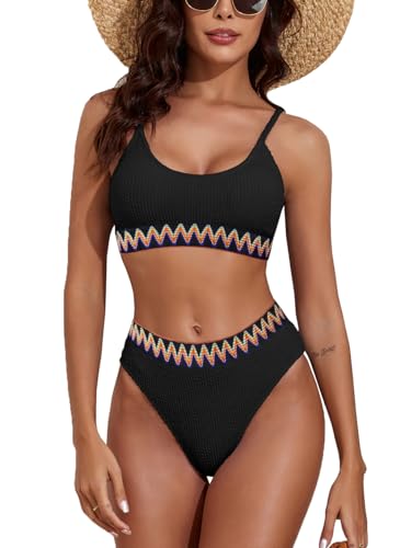 YIMISAN Conjunto de bikini de dos piezas para mujer, acanalado, cintura media, traje de baño con textura atrevida, traje de baño con tirantes delgados, Negro1, S