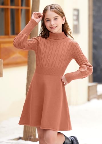 BesserBay Girls Winter Long Sleeve Sweater Dress Turtleneck Cable Knitted Pullover Midi Dress 6-14 Years4