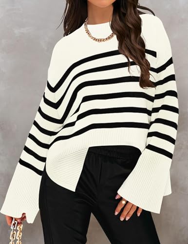 ZESICA Women's 2025 Fall Winter Striped Long Sleeve Crew Neck Ribbed Knit Side Slit Oversized Pullover Sweater Jumper Top2