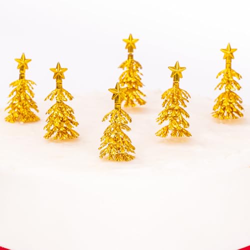 Decoración para tarta de Navidad: 6 árboles de purpurina dorados y rojos para repostería festiva