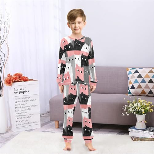 Long Sleeve Pajama Set for Girls Boys Kids,Black Red Cute Cats Comfy Nightwear Soft Loungewear,Family Matching PJs Underwear Set 6T4