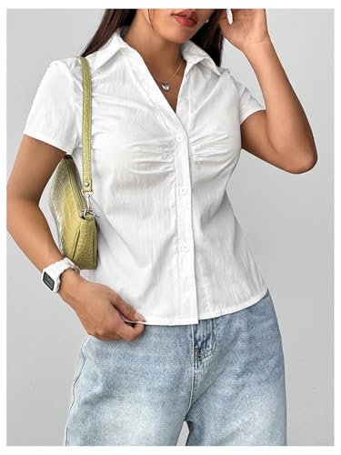 SweatyRocks Women's Ruched Button Up Blouses Collar V Neck Short Sleeve Work Shirts4