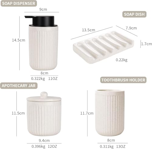 Image of BosilunLife Striped Beige Ceramic Bathroom Accessories Set of 4 | Bathroom Decor Sets Accessories Bathroom Foam Soap Dispenser and Toothbrush Holder Set, Soap Dish, Apothecary Jars.(Foam)