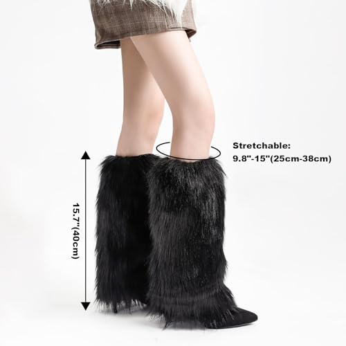 QckZee Damen Beinstulpen aus Kunstfell – Flauschige Leg Warmers für Festival, Weihnachten & Winter – Furry Stulpen für Stiefel, Kostüm & Alltag (Schwarz)