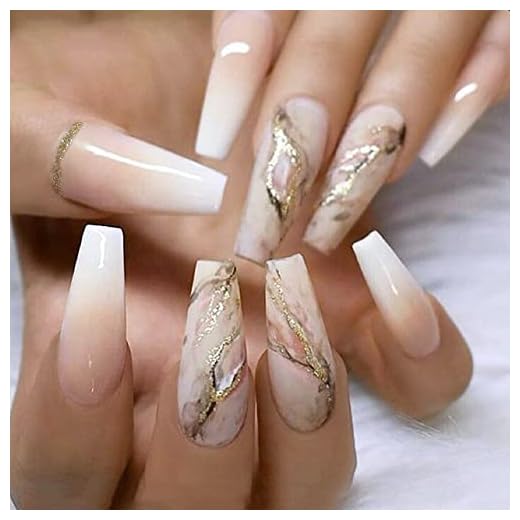 24 Pcs Press on Nails Long Coffin Fake Nails French Press on Nails Pink Marble Gold Foil Acrylic Fake Nails Tips Glossy False Nails Full Cover Nail Tips With Glue for Women and Girls