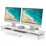 Fenge Acrylic Monitor Stand Riser, 42.5 Inches Dual Monitor Stand with Metal Storage, 2 Tier Acrylic Computer Riser for Desk, Clear Laptop Stand for PC, Laptop, Printer, TV, White