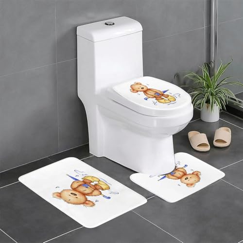 EYLOZS Alfombra de baño de 3 Piezas,Alfombra de Ducha Alfombra de baño de Secado rápido,Alfombra de Contorno en Forma de U,Osito de Peluche con Paraguas y Botas de Goma