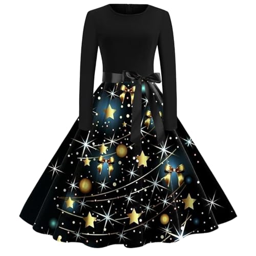 Weihnachtskleid Damen Elegant Kleid Weihnachten Langarm Cocktailkleid Vintage Rockabilly Kleider mit Lustig Weihnachtsmotiv Festlich Partykleid...