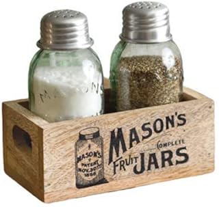 Colonial Tinworks Mason Jar Salt & Pepper Shakers Set with Wood Tray for Rustic Farmhouse Table Decor, Vintage Home Decoration, and Gift
