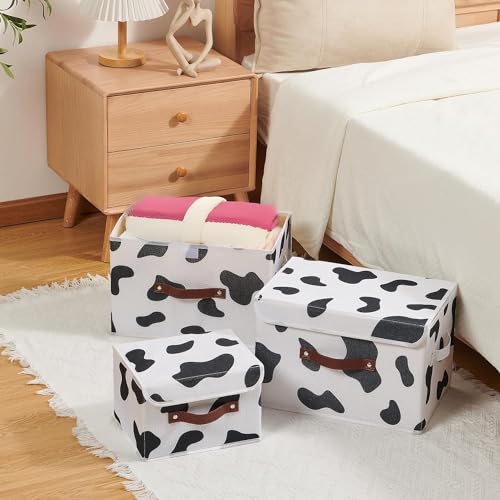 VinneGenzz Storage Bin with Lid Cow Print Cute Fabric Storage Basket Box with Faux Leather Handles PP Plastic Board Foldable Washable Lidded Cotton Linen Closet Shelf Organizer Container (Small Size) - Image 6