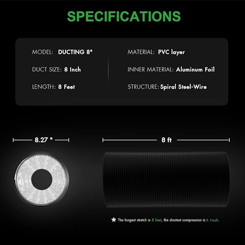 HealSmart 8" 8 Ft Aluminum Ducting Flexible, Heavy-Duty Four-Layer Protection with 2 Duct Clamps, Dryer Vent Hose for Heating Cooling Ventilation and Exhaust Fan