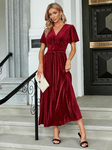 Image of Simplee Women's V Neck Velvet Maxi Dress Short Sleeve Empire Waist Long Formal Dress for Wedding Guest