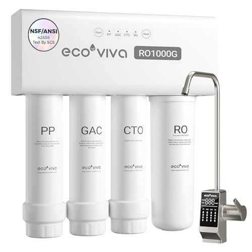 Ecoviva 1000GPD UnderSink Reverse Osmosis Water Filter RO Tankless Filtration System, Alkaline Water pH+, 8-Stage Filtration, Meet NSF/ANSI 58 Standard, 3:1 Pure-to-Drain Filter, With LED Smart Faucet