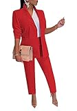 2 Piece Outfits for Womens Blazer Set Long Sleeve Blazer and Pants Suits Solid Business Office Suits Red