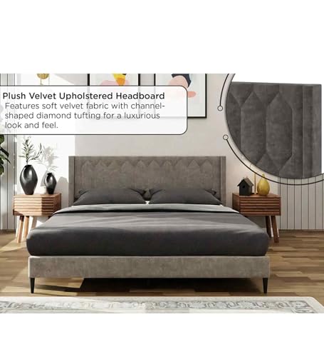 Image of Mintwud Pepperfry Mason Upholstered Queen Size Bed Without Storage | Wooden Double Bed with Tufted Headboard for Bedroom Living Room Home and Hotel (Grey)