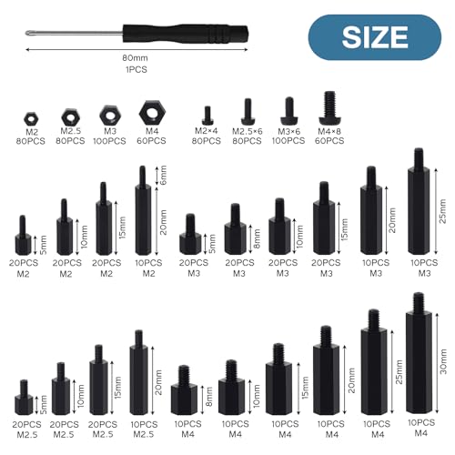 WiMas 940PCS Nylon Hex Standoff Spacer Screw Nut Threaded Pillar Standoff Screws Assorted Assortment Set M2 M2.5 M3 M4 for DIY PCB Board Motherboard Mounting (Black) - Image 2