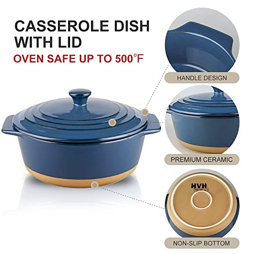 Hvh Ceramic Casserole Dish With Lid Oven Safe, 2 Quart Round Casserole Dish Set, 9 Inches Round Baking Dish With Lid Oven Safe, Deep Baking Dishes For Oven With Lids For Party, Farmhouse Style (Blue) #TOP5