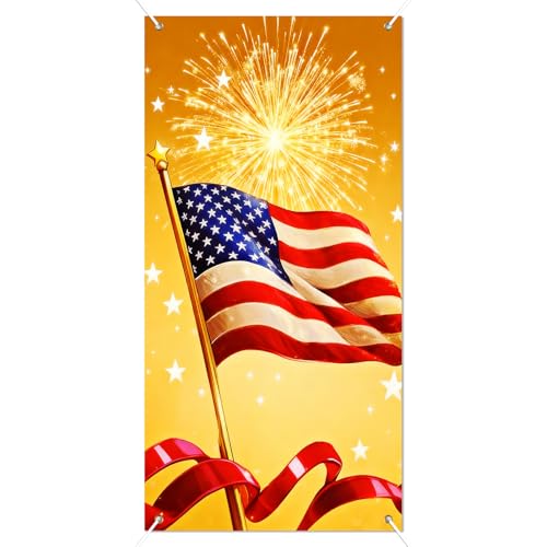 Image of BissYard Patriotic Door Cover 71 x 35 Inches American Flag Fireworks Door Banner Independence Day 4th of July Front Door Decoration Indoor Outdoor Porch USA Holiday Decor