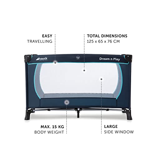 hauck Kinderreisebett Dream N Play Plus mit Transporttasche und Schlupf zum Spielen, Klein Zusammenklappbar, Baby Reisebett Kleinkind ab Geburt bis 15 kg (Navy/Aqua)