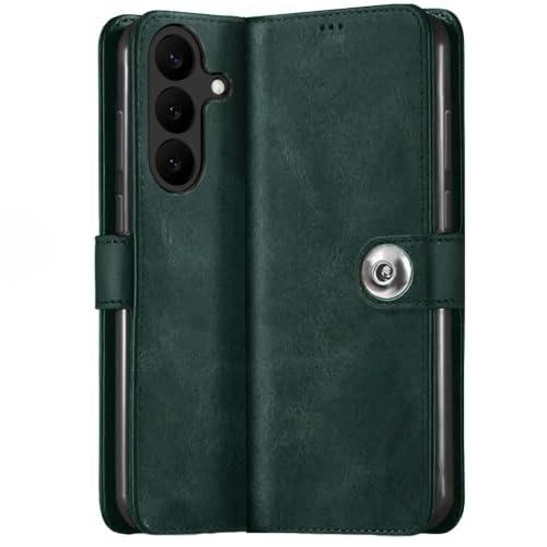 Image of TheGiftKart Flip Cover Back Case for Samsung Galaxy S26 FE 5G | Genuine Leather Finish | Designer Button | Inbuilt Pockets & Stand | Wallet Style Flip Back Cover Case (Faux Leather, Green)