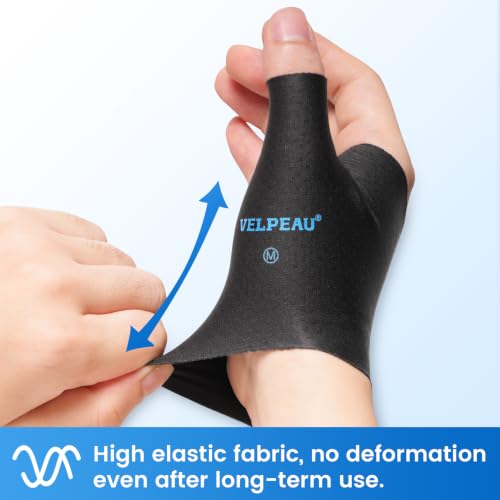 Image of VELPEAU Elastic Thumb Wrist Support Brace (Pack of 2), Splashproof Compression Sleeve for Arthritis Pain, Tendonitis, Sprains, Sports, Splint Liner, Fits Left & Right Hands (Upgraded Short Version - Black, Medium)