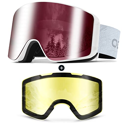 Odoland Kit de Lunettes de Ski Magnetique, Lunettes de Cylindrique avec Lentille Détachable, Masque de Snowboard Hommes et Femmes, Anti-UV400, Anti-Buée, Coupe-Vent Argent VLT15%