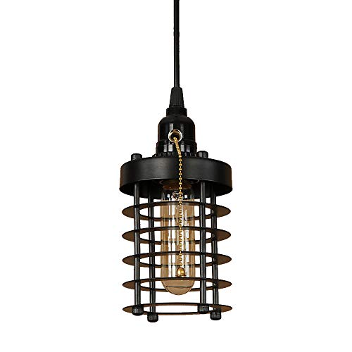 Efinehome 1 Light Hanging Swag Lamp With Plug In 15 Ft Cord On/Off Switch With Pull Chain- Black Industrial Vintage Cage Pendant Light (Lampshade Cylinder) #TOP5