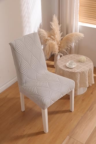 Image of HOMETHREADS Elastic Jacquard Chair Cover - Stretchable, Removable & Washable Short Dining Chair Slipcover | Durable Seat Protector for Kitchen, Dining Room & Banquet Chairs (Light Grey, Pack of 8)