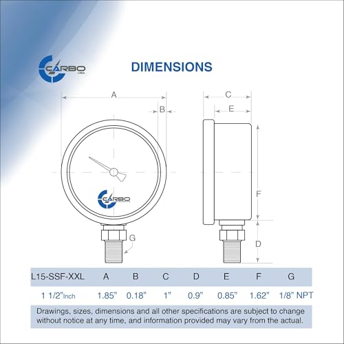 CARBO Instruments 1-1/2" Fuel Pressure Gauge, Stainless Steel Case 304, Chrome Plated Brass Connection, Glycerin Filled, 0-15 Psi, Accuracy 3-2-3%, Lower Mount 1/8" NPT