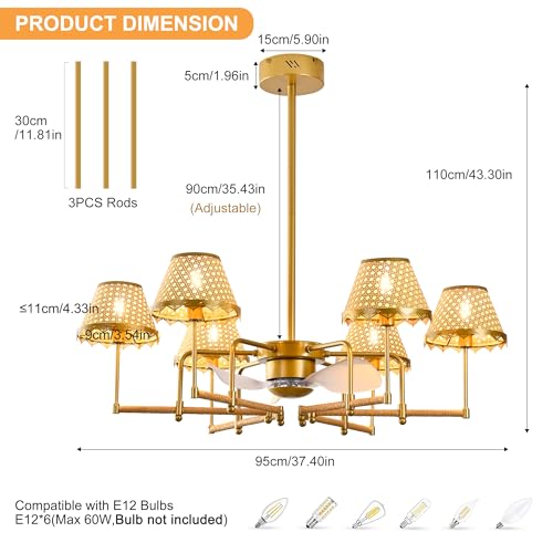 Image of Garwarm Ceiling Fan with Lights and Remote,Boho Rattan Chandelier Fandelier
