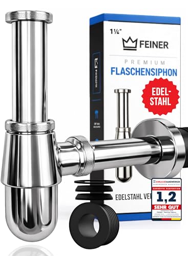 FEINER Siphon Waschbecken EDELSTAHL - Tassensiphon 1 1/4 - Abflussrohr Flaschensiphon Syphon inkl. Gummimanschette und Anleitung Gratis Dichtungen