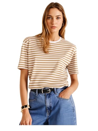 Image of Mack Jonney Oversized | Loose Fit | Half Sleeves 100% Cotton Round Neck Striped T-Shirt for WOMEN-MACK640558
