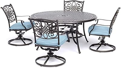 Hanover Traditions 5-Piece Rust Resistant Aluminum Patio Dining Set with Blue Cushions, Swivel Rockers and Aluminum Round Dining Table, Outdoor Dining Set for 4