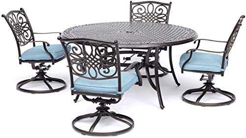 Hanover Traditions 5-Piece Rust Resistant Aluminum Patio Dining Set with Blue Cushions, Swivel Rockers and Aluminum Round Dining Table, Outdoor Dining Set for 4