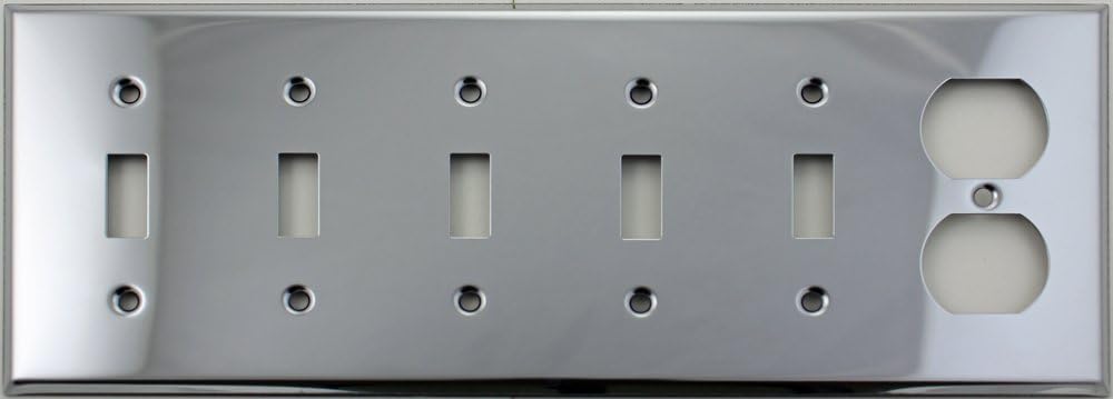 Polished Chrome 6 Gang Wall Plate - 5 Toggle Switches 1 One Duplex Outlet