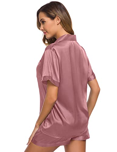 Image of SWOMOG Womens Silk Satin Pajamas Set Short Sleeve Sleepwear Button Down Top and Shorts Loungewear 2 Piece Pjs Set XS-3XL