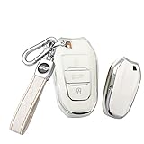 HIBEYO Key Fob Cover for Peugeot 308 408 508 2008 3008 4008 5008 Accessories TPU Silver-Edge Smart Key Case Holder 3 Buttons with Leather Key Chain-Whtie