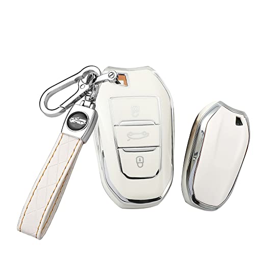 HIBEYO Key Fob Cover for Peugeot 308 408 508 2008 3008 4008 5008 Accessories TPU Silver-Edge Smart Key Case Holder 3 Buttons with Leather Key Chain-Whtie