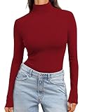 Ekouaer Women's Turtleneck Long Sleeve Shirts Slim Fit Thermal Underwear Tops Lightweight Pullover Tees Wine Red L