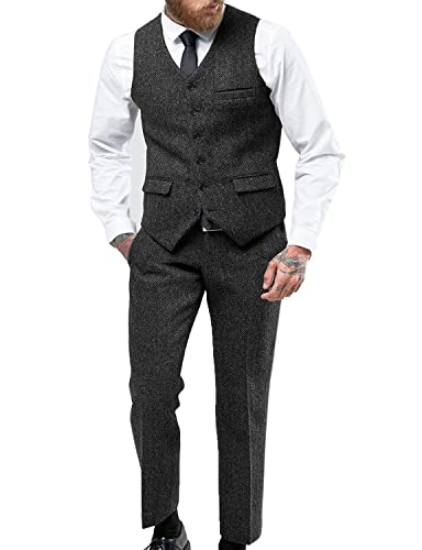 Men's Tweed Suit 2 Pieces Prom Tuxedos Wool Wedding Party Vest Pant Sets Herringbone