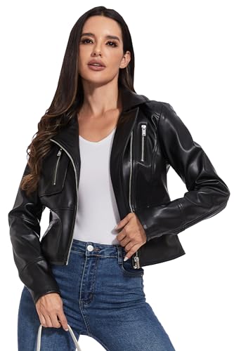 Fahsyee Women's Faux Leather Jackets - Moto Biker Motocycle PU