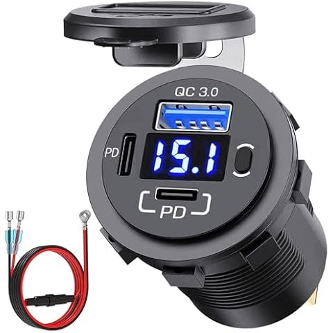 Cllena 12V USB Outlet Dual PD USB C & Quick Charge 3.0 Car Charger 3 Port USB Socket with Voltmeter and Power Switch, Multi-Function Car USB Charger Adapter for Car Boat Marine RV Truck ATV etc. Cover