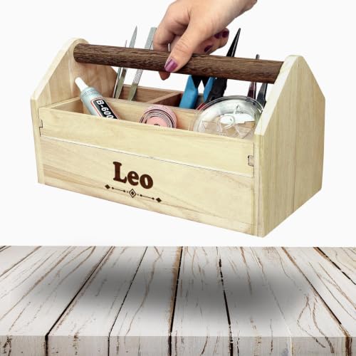 Image of Ikee Design Personalized Custom Engraved Wooden Craft Toolbox Caddy with 5 Compartments | Customize Small Wooden 5-Compartment Craft Tool Box