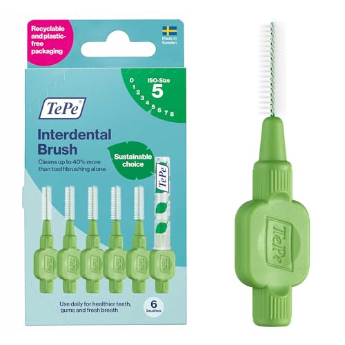 TePe Interdental Brush, Original, Green, 0.8mm/ISO 5, 6pcs, plaque removal, efficient clean between the teeth, tooth floss, for small gaps, carton pack