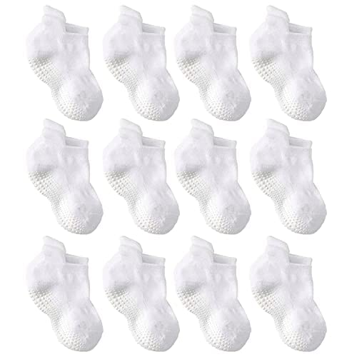 LA Active Baby Toddler Grip Ankle Socks - 12 Pairs - Non Slip/Skid Covered (White, 6-12 Months)