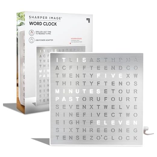 Sharper Image® LED Light-Up Word Clock [Amazon Exclusive] 7.75" Modern Design, Electronic Accent Wall & Desk Clock, USB Power Cord, Contemporary Home & Office Decor, Easy Setup, Housewarming Gift