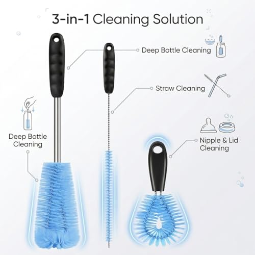 Image of 3Pcs Bottle Cleaner Brush Set, L Shape 15 inch Long Handle Washing Bottle Cleaning Brushes for Narrow Neck Water Bottles Tumblers Straws Coffee Mugs Sport Bottles Flasks and Thermos Lid Brush