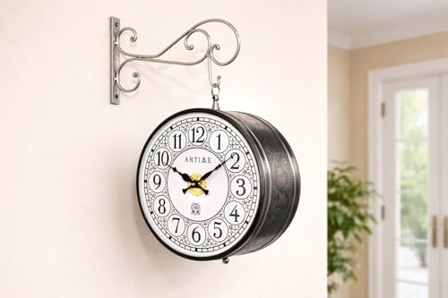 Image of Handcrafted Double Side Metal Analog Vintage Wall Clock, 12 Inches | 1 Side Number 1 Side Roman, Silver, 1.5 Year Machine Warranty