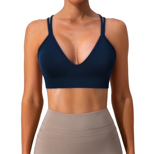 Image of Sports Bra for Women V-Neck Strappy Criss Cross Yoga Bra Padded Medium Support Workout Gym Athletic Fitness Bras 3 Pack